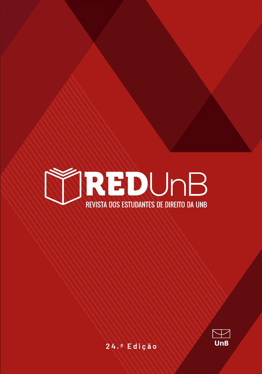 Capa em vermelho, com a logo da Revista ao centro, que é um livro aberto ao lado dos dizeres "RED UnB - Revista dos Estudantes de Direito da UnB". Na parte inferior central há a indicação da 24ª Edição e no canto inferior direito há o símbolo da UnB.